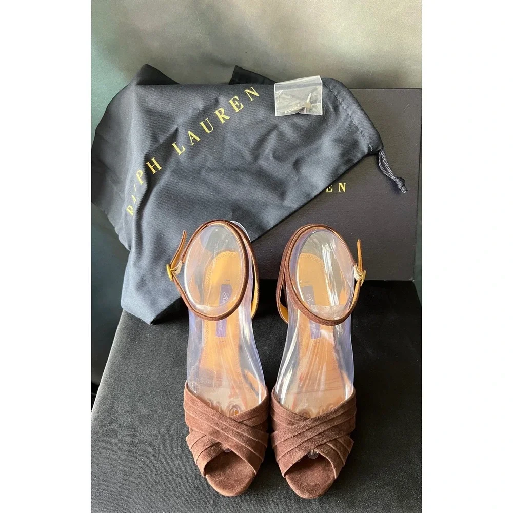 Ralph Lauren Purple Label Brown Suede Criss Cross Ankle‎ Strap Heels Size 38B
